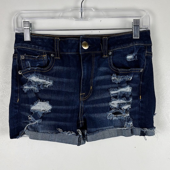American Eagle Outfitters Pants - American Eagle Hi-Rise Shortie Jean Shorts Distressed Dark Blue Wash Festival 6